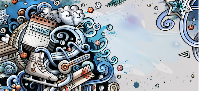 天气卡通冬季手绘制了涂鸦横幅卡通详细传单冷季对象和符号插图形矢量设计元素背景卡通详细传单背景