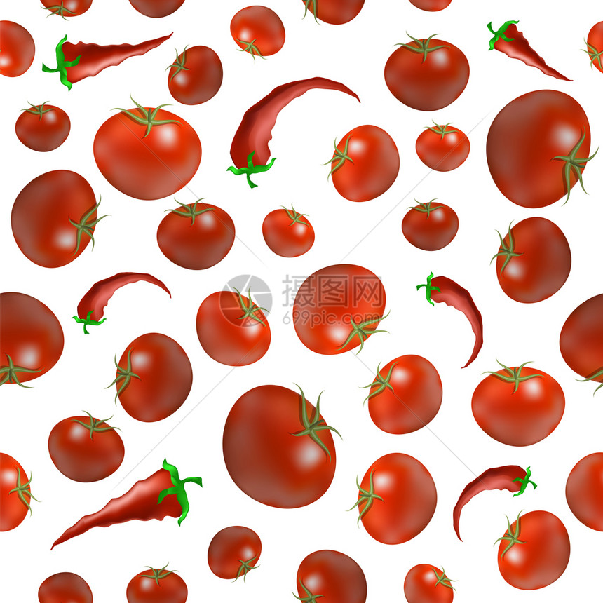 白背景上孤立的红番茄和无胡椒缝模式蔬菜有机质红番茄和无胡椒缝模式白背景上孤立的图片
