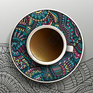 墨西哥咖啡矢量插图用一小杯咖啡和手在碟子背景上绘画装饰品插画