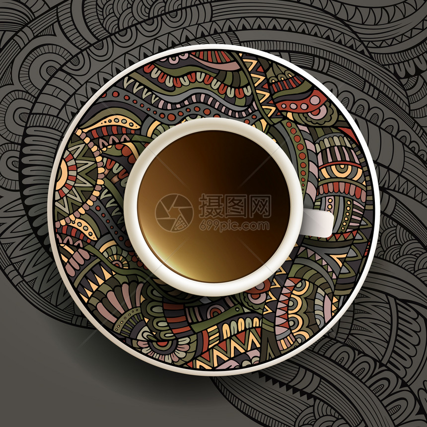 矢量插图用一小杯咖啡和手在碟子背景上绘画装饰品图片