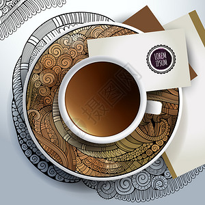 盘装月饼向量杯咖啡名片和手画的花饰装放在碟子和背景上插画