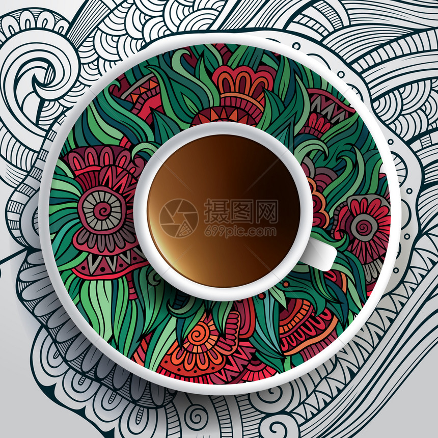 矢量插图在碟子和背景上用一杯咖啡和手画的花卉装饰品绘制在碟子和背景上矢量插图用一杯咖啡绘制在矢量插图图片
