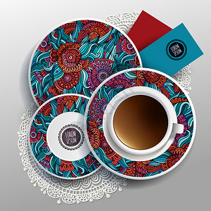 配有板和咖啡杯的矢量插图配有花板装饰品的咖啡杯板和图片