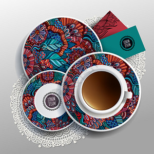 配有板和咖啡杯的矢量插图配有花板装饰品的咖啡杯板和背景图片
