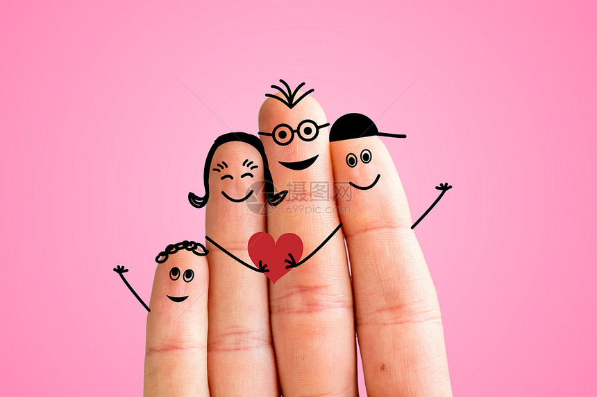 画手指幸福家庭概念粉红色背景图片
