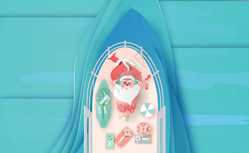 折纸风格圣诞老人在游轮上度假矢量插画图片