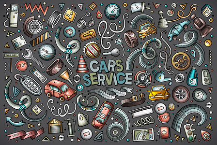 自动的涂鸦绘制的标有汽车物体和符号的涂鸦漫画集插画