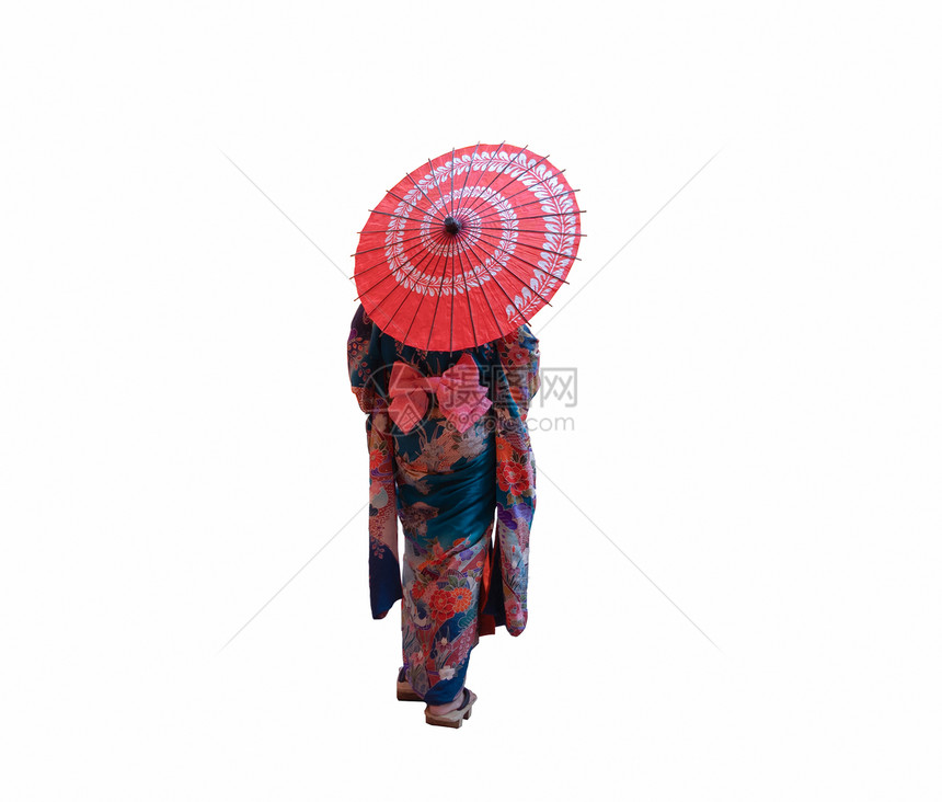 日本女人穿着和服的艺妓后视镜红色伞白背景被隔离在日本京都图片