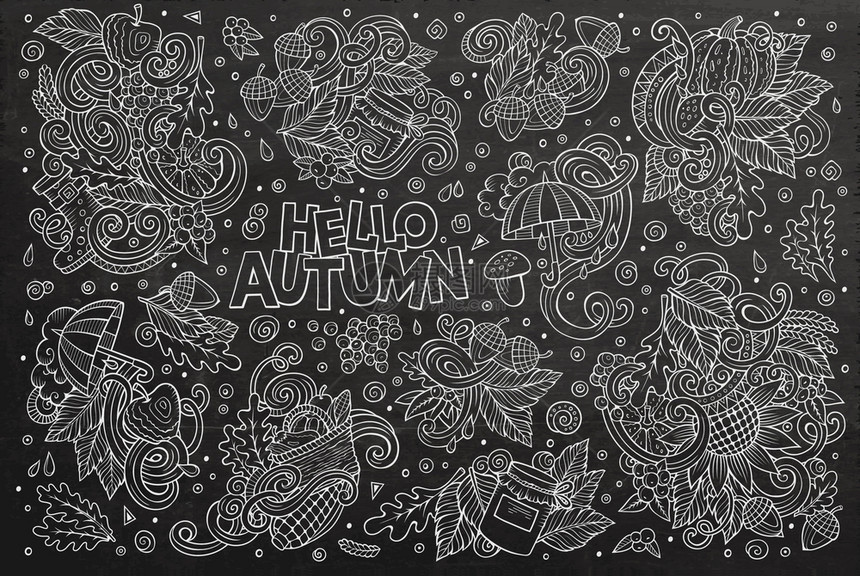 线条艺术粉笔板矢量手工绘制的涂鸦漫画集由秋季主题项目对象和符号组成图片