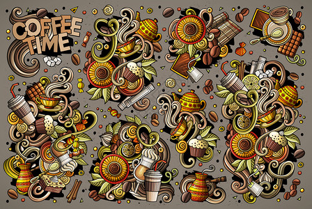 彩色矢量手工绘制的涂鸦卡通图集茶叶和咖啡主题物品和符号所有物体分开插画