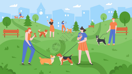 女人牵狗公园里牵着狗玩耍的人们矢量插画插画