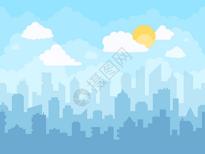 中午天空卡通蓝色天空城市背景矢量插图插画