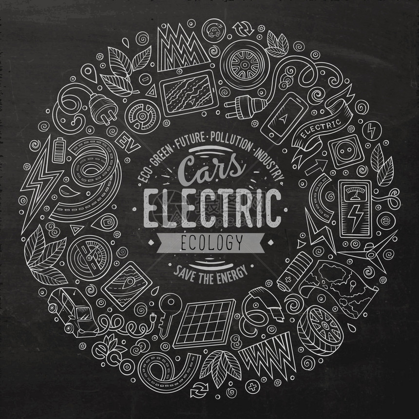 电动汽车卡通涂鸦物品符号和圆形框架构成图片