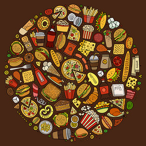一组快速食品漫画符号和物品圆形构成一组快速食品漫画符号和物品图片