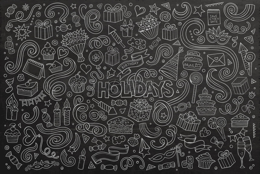 一张纸板矢量手工画出一套假日物品和符号的Doodle漫画图片