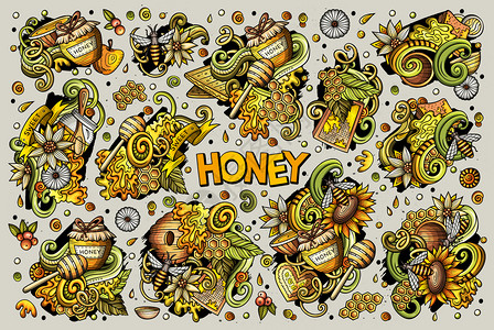 矢量手绘制了蜂蜜主题项目对象和符号的涂鸦漫画集所有对象均分开矢量卡通图片