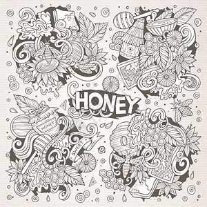 矢量手绘制了蜂蜜主题项目对象和符号的涂鸦漫画集蜂蜜主题设计要素的矢量漫画集背景图片