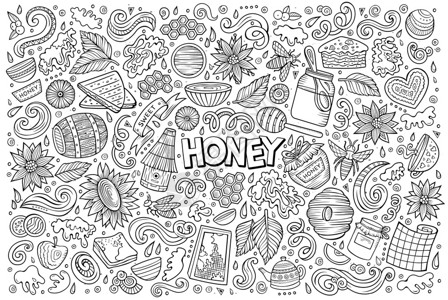 矢量手绘制的蜂蜜主题项目对象和符号的涂鸦漫画集矢量卡的蜂蜜主题对象集背景图片