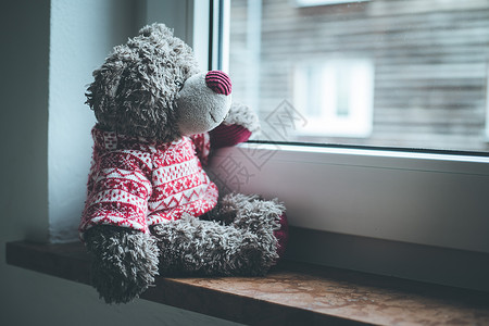 可爱的泰迪熊坐在窗台上望着外背景图片
