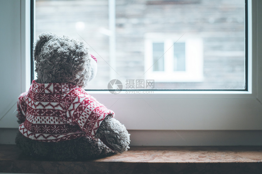 可爱的泰迪熊坐在窗台上望着外图片
