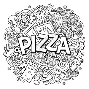 卡通可爱面条披萨单词线艺术插图背景有许多不同对象有趣的矢量艺术作品卡通可爱面条比萨单词卡通可爱面条背景图片