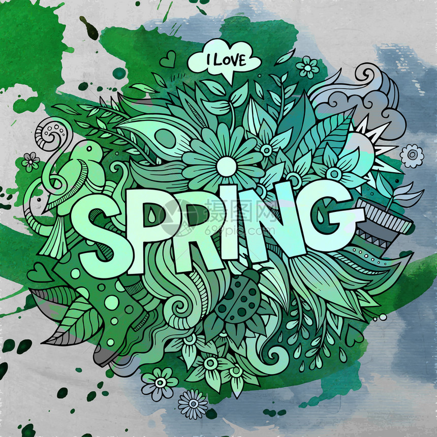 春季手写和涂鸦元素矢量水彩色插图春季手写和涂鸦元素图片