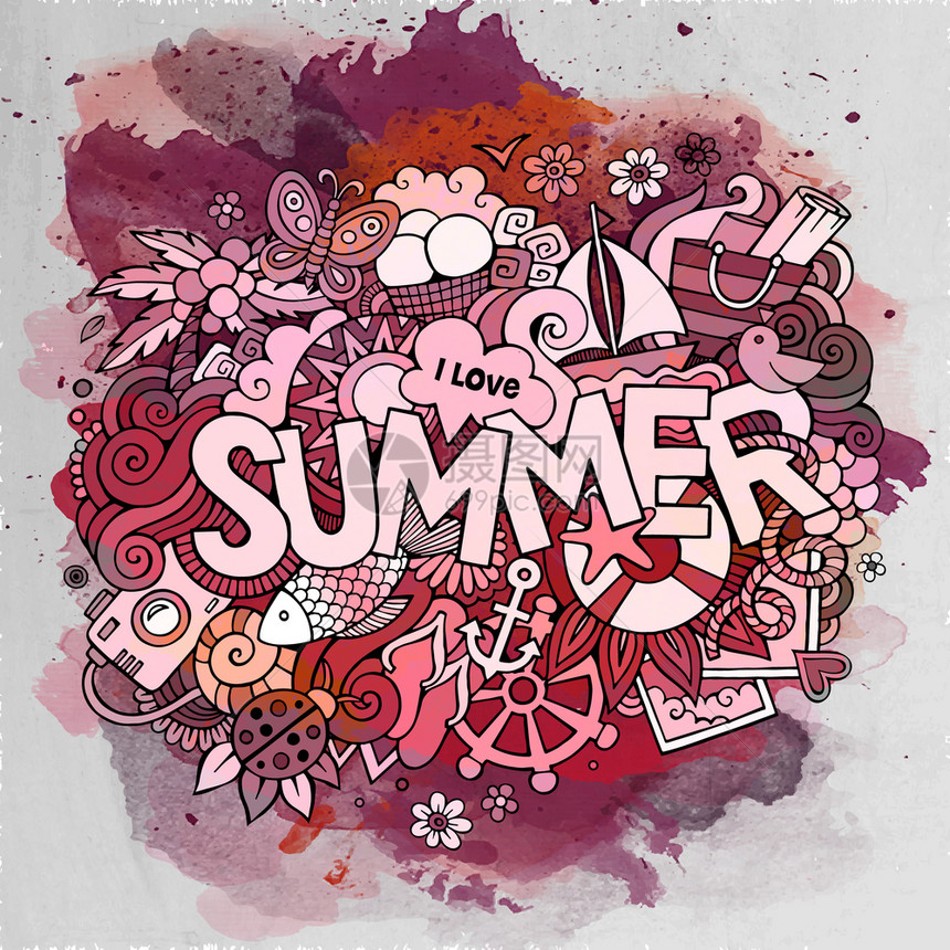 夏季水彩手写和涂鸦元素矢量图示图片
