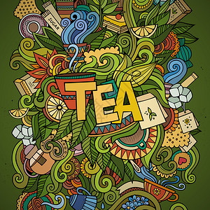 伯爵茶TEA字母和茶叶涂鸦元素背景矢量插图插画