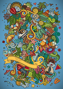 卡通手绘鱼卡通手工绘制的面条夏季插图色彩繁多包含许矢量背景的Doodus抽象的夏季装饰矢量插图背景