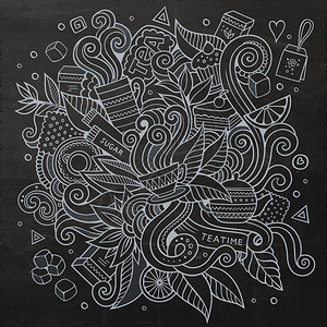 Cartoon矢量粗略的涂鸦手工画茶时黑板背景矢量粉黄板涂鸦手工画茶时间背景图片