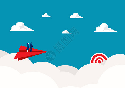 鸡毛飞上天站在红纸飞机上天的两个生意将成功的目标插画