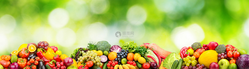 绿色背景的全新鲜水果和蔬菜图片