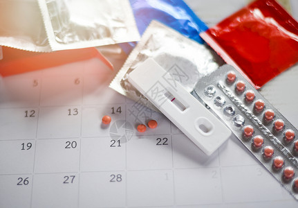 预防妊娠避孕概念日历上的背景带避孕套生育控制保健和医药图片