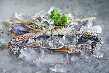鲜螃蟹在冰上香料黑板背景新鲜螃蟹在餐厅或海鲜市场煮熟食品蓝泳蟹背景图片