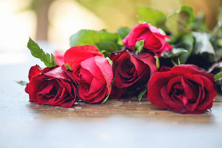 红玫瑰花束粉红和玫瑰情人节的爱在木桌的大自然背景上为爱人的概念图片