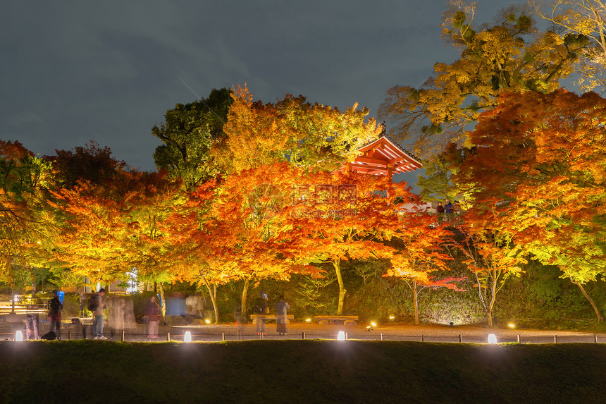 ByodoinTemple塔和湖有红色的叶或秋季落多彩树木京都日本自然和建筑景观背图片