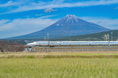 费尔德山Shinkansen列车快速驾驶和通过日本东京火车站附近的藤田山配有绿稻日本背景