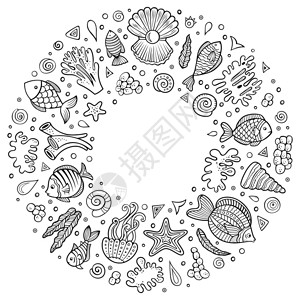 圆苞车前子壳环形海洋元素海生动植物元素涂鸦风格插画插画
