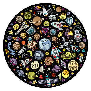 一组Spacel漫画图案对象符号和物品圆形构成图片