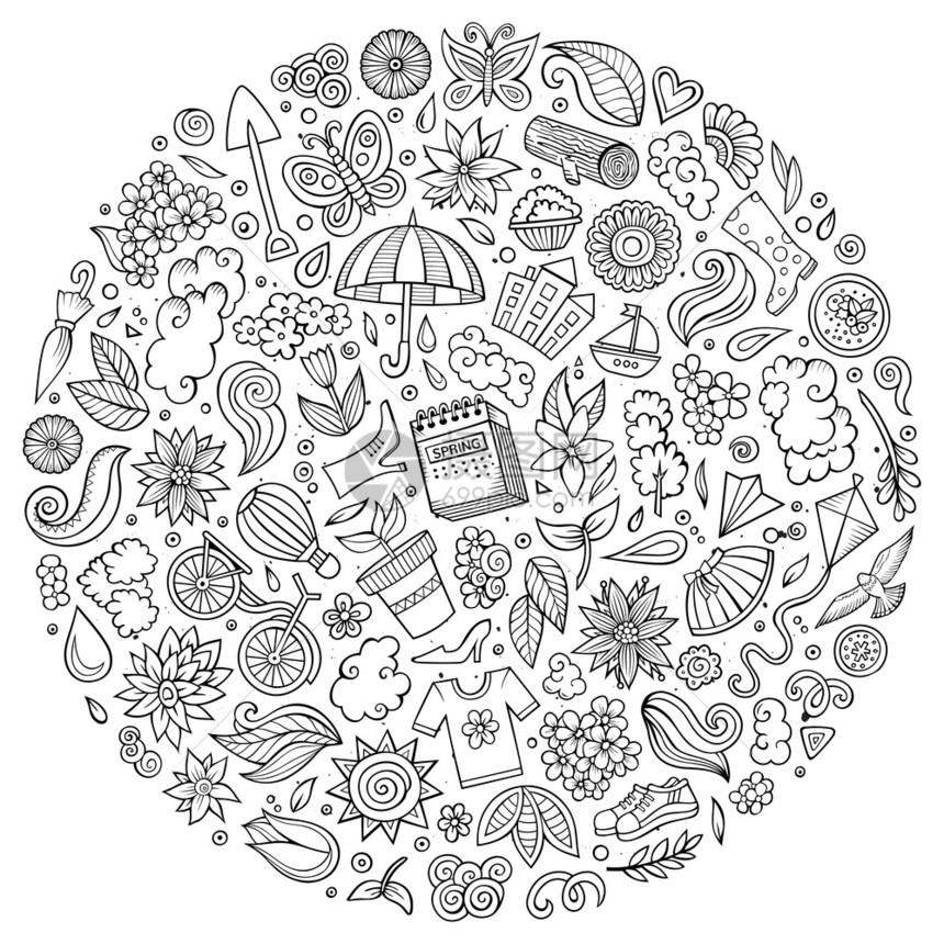 画线矢量手工绘制的一套Spring漫画涂鸦对象符号和物品圆形构成涂鸦对象的矢量组图片