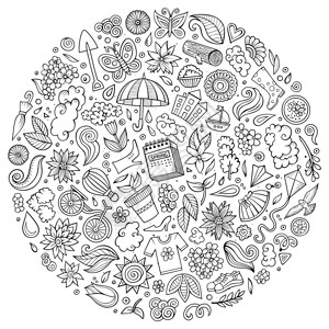 圆形涂鸦素材画线矢量手工绘制的一套Spring漫画涂鸦对象符号和物品圆形构成涂鸦对象的矢量组插画