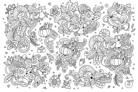 在感恩节秋季主题上绘制了Doodle漫画系列的物体和符号图片