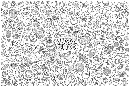 集食行乐多彩矢量手工绘制的维冈食物品和符号的涂鸦漫画集插画