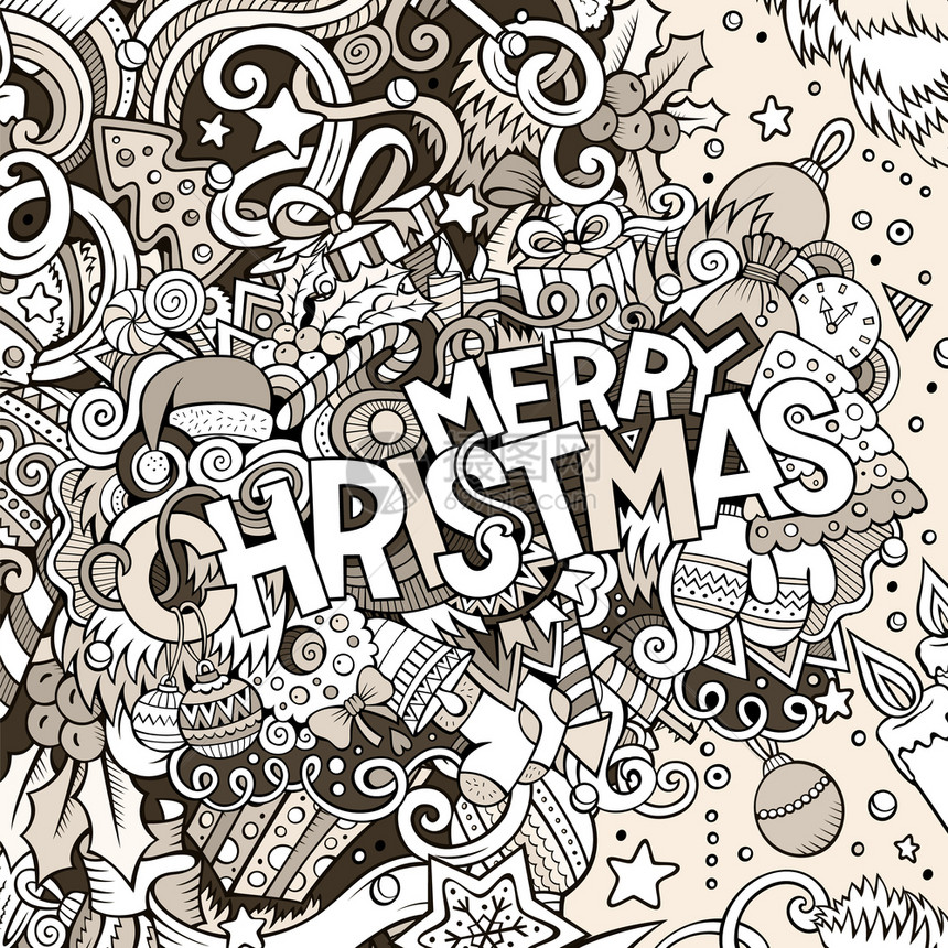 卡通可爱的面条手画圣诞快乐插图片带有新年主题项目Doodle刻画2017线条艺术详细有许多对象背景有趣的矢量艺术作品卡通可爱的面图片