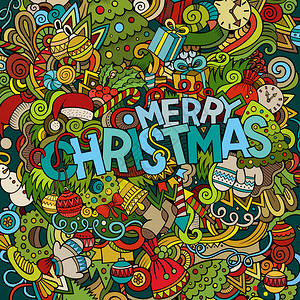 圣诞快乐手写和涂鸦元素背景矢量多彩的插图图片