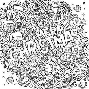 圣诞快乐手写和涂鸦元素背景矢量粗略插图图片
