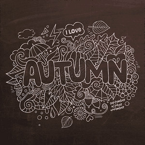 秋天矢量手写字母和涂鸦元素黑板背景图片