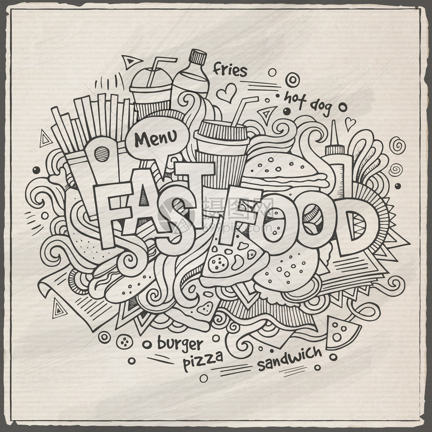 快速食品手写和涂鸦元素背景图片