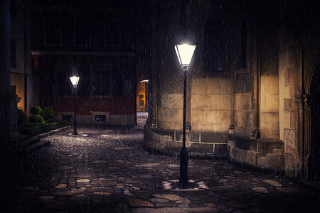 在旧欧洲城市的夜里有灯笼图片
