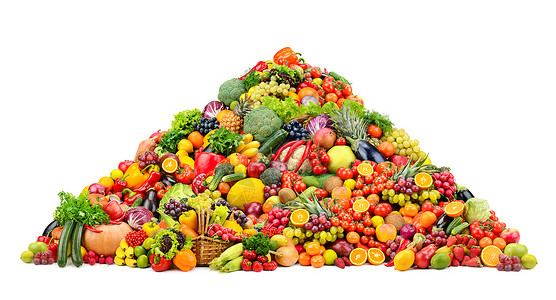 金字塔新鲜水果和蔬菜在白色背景中被孤立各种健康的食物图片